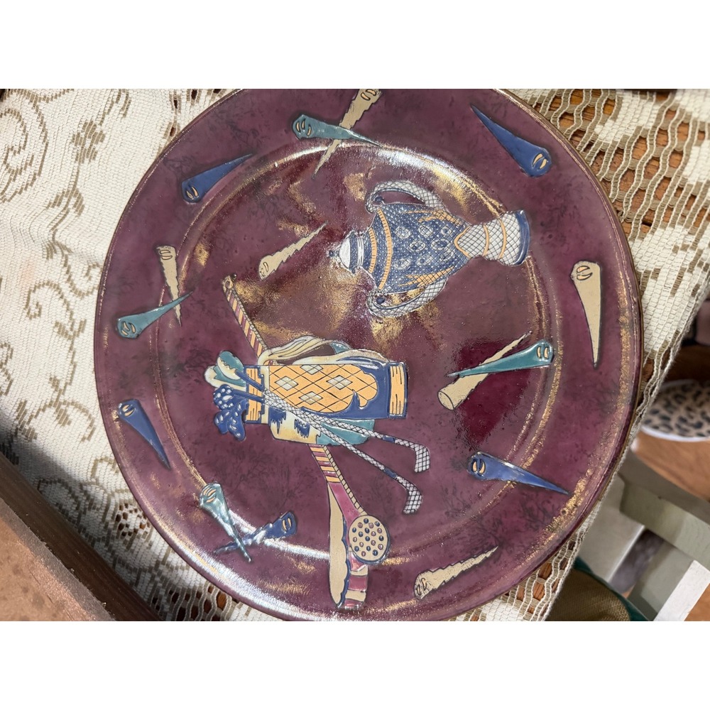 Oriental Accent Golf‎ Theme Decorative Plate Burgundy Porcelain Golf Bag Teapot